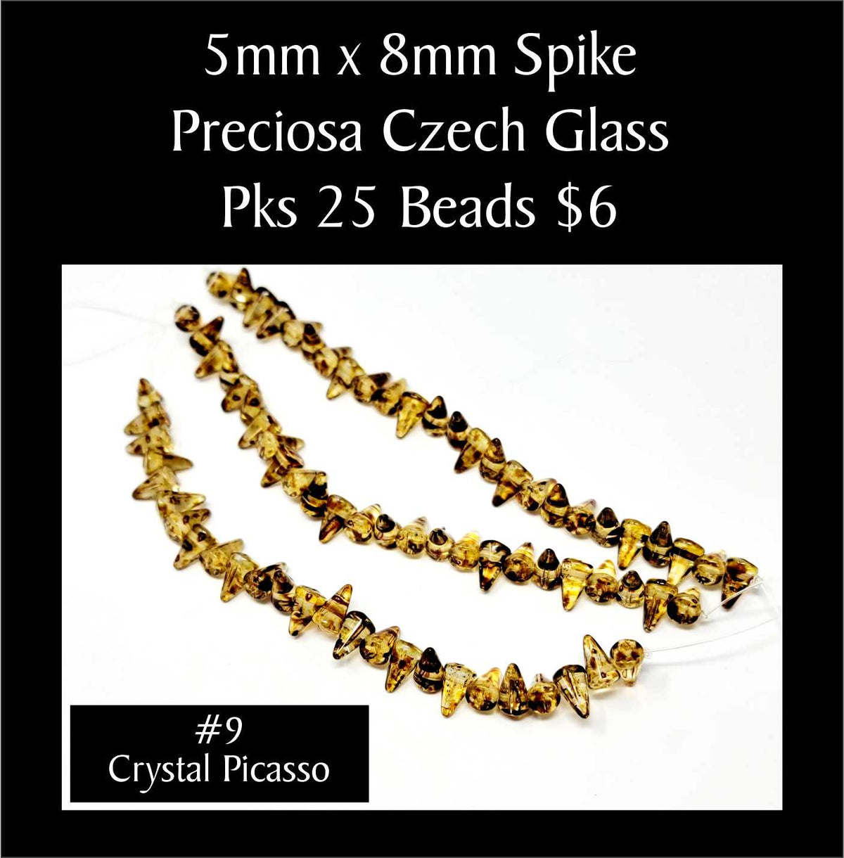 Strands of 5 x 8mm Preciosa Czech glass spike beads in crystal picasso, sold in packs of 25