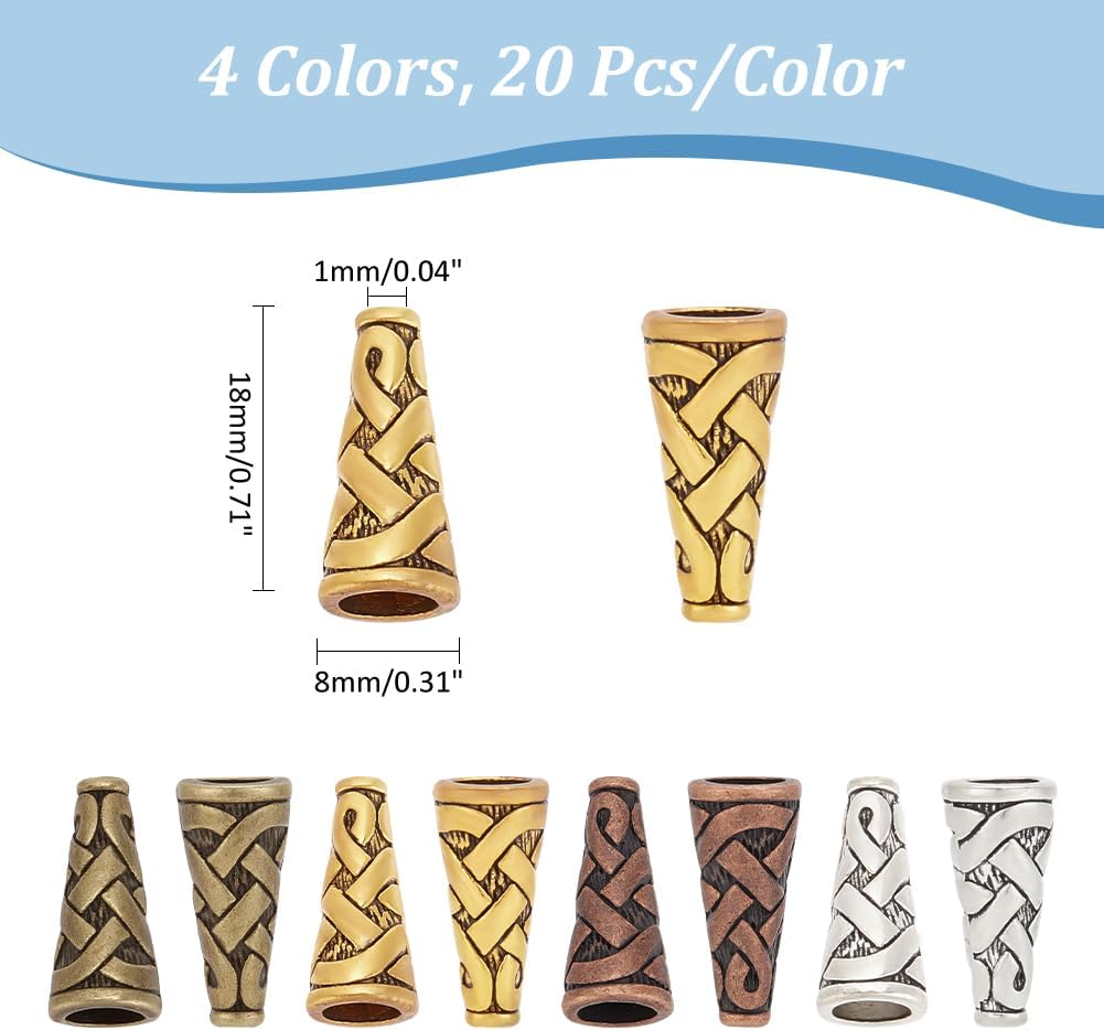 Woven-pattern bead cones in four colours with a size diagram, 20 per colour