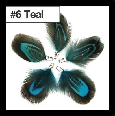 Five 4.5cm feather tassels in a ring, brown speckled feathers with teal edging, labelled #6