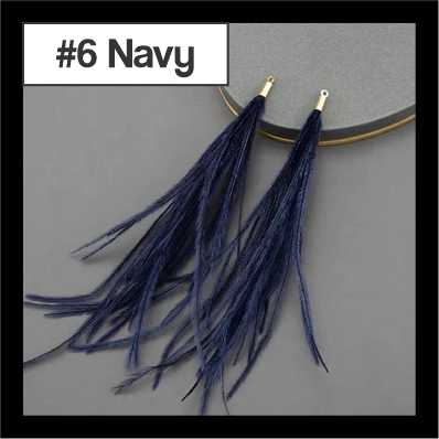 Pair of 14cm navy feather tassels with gold connectors, labelled #6 Navy