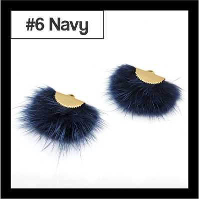 Pair of fan-shaped navy faux mink tassels with gold-tone caps, labelled #6