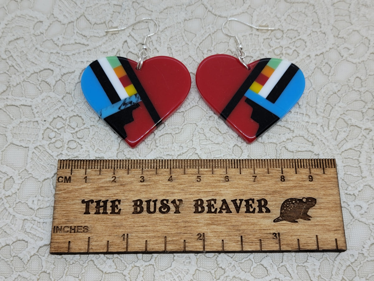 Pair of heart resin slab inlay earrings, combo #6: red with blue and multicolour inlay