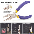 Bail making pliers with purple handles and stepped round jaws, with photos of loops made