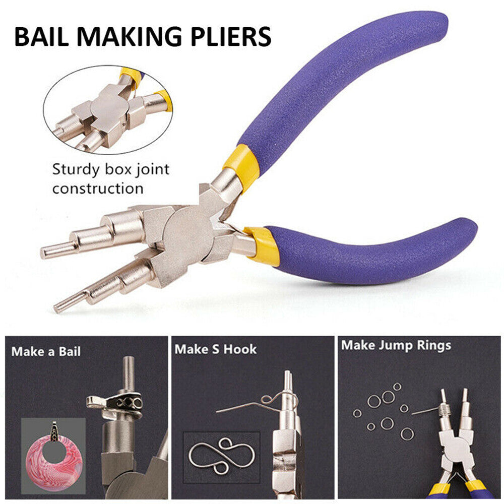 Bail making pliers with purple handles and stepped round jaws, with photos of loops made