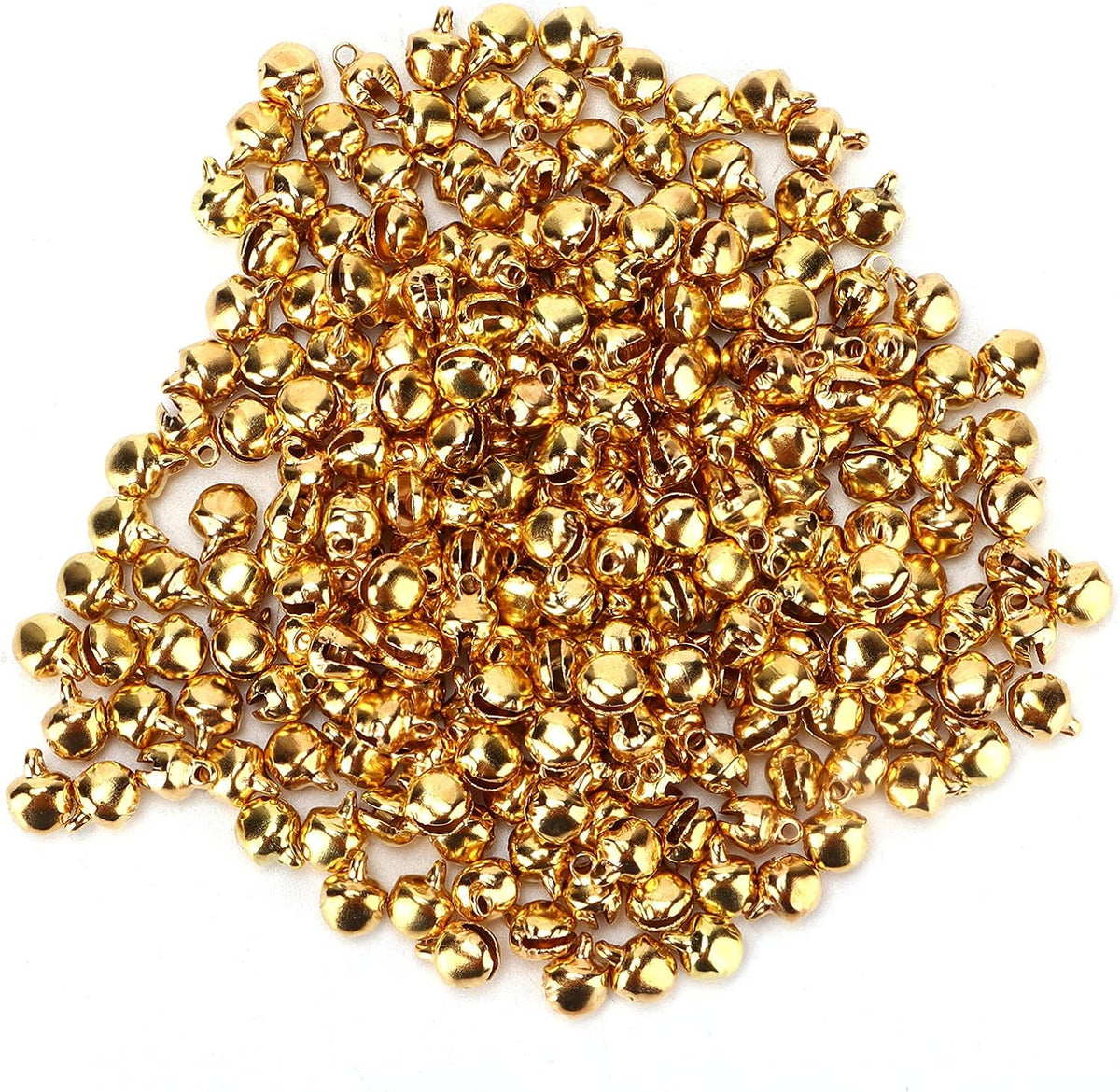 Large heaped pile of gold 6mm metal bells filling most of the frame