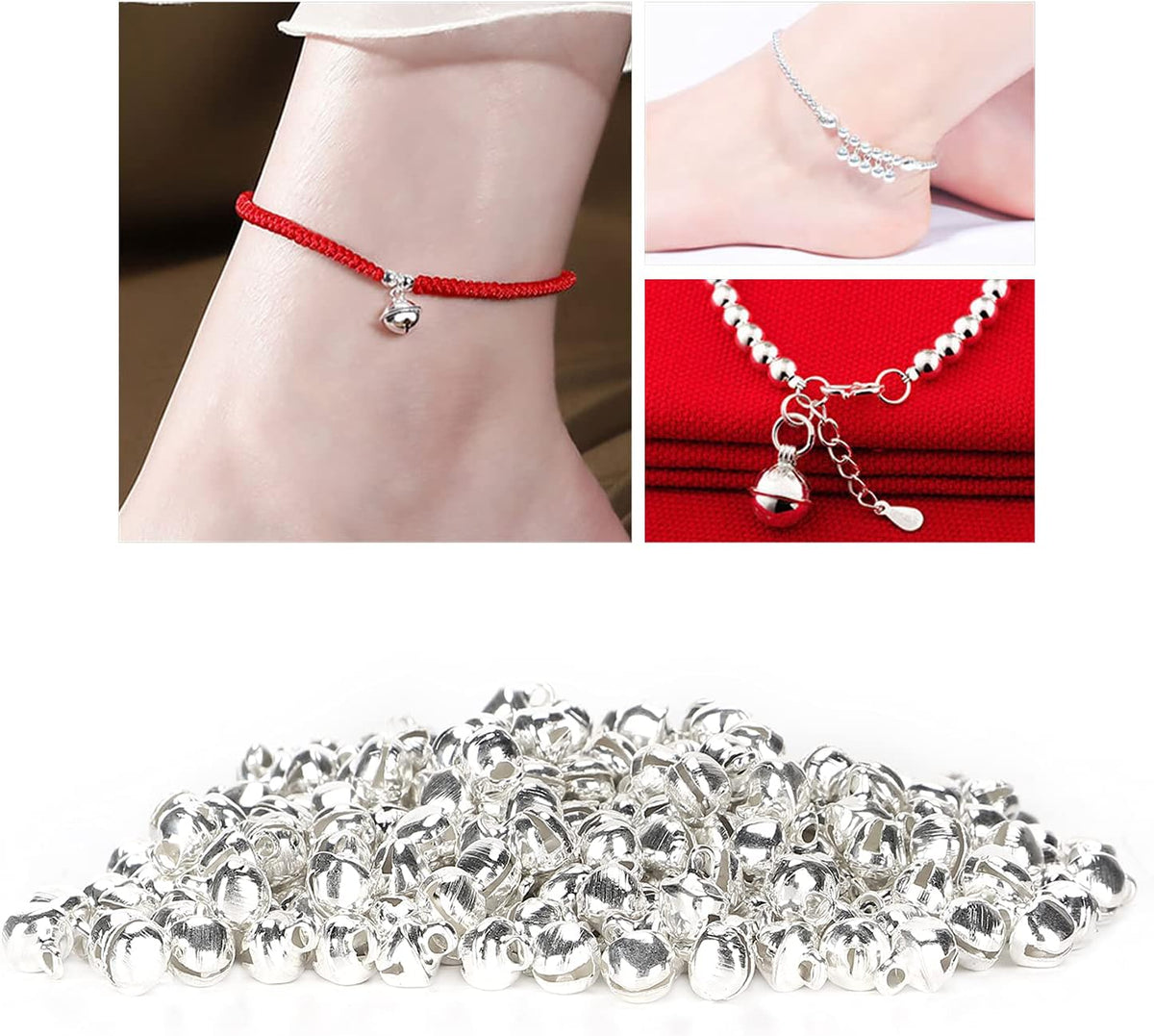 Silver 6mm metal bells on a bracelet and a pet collar, above a pile of bells