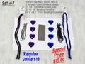 Set #7: faceted purple and blue plastic hearts, two rondelle strands, rhinestone chain and needles on white foundation
