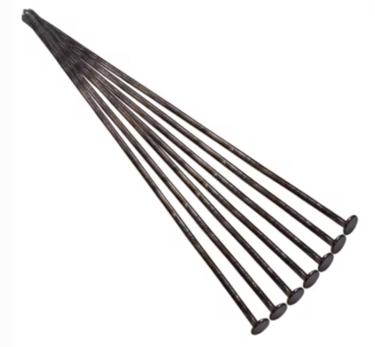 Fan of 70mm gunmetal 20 gauge flat head pins, each with a flat disc head at one end, on white