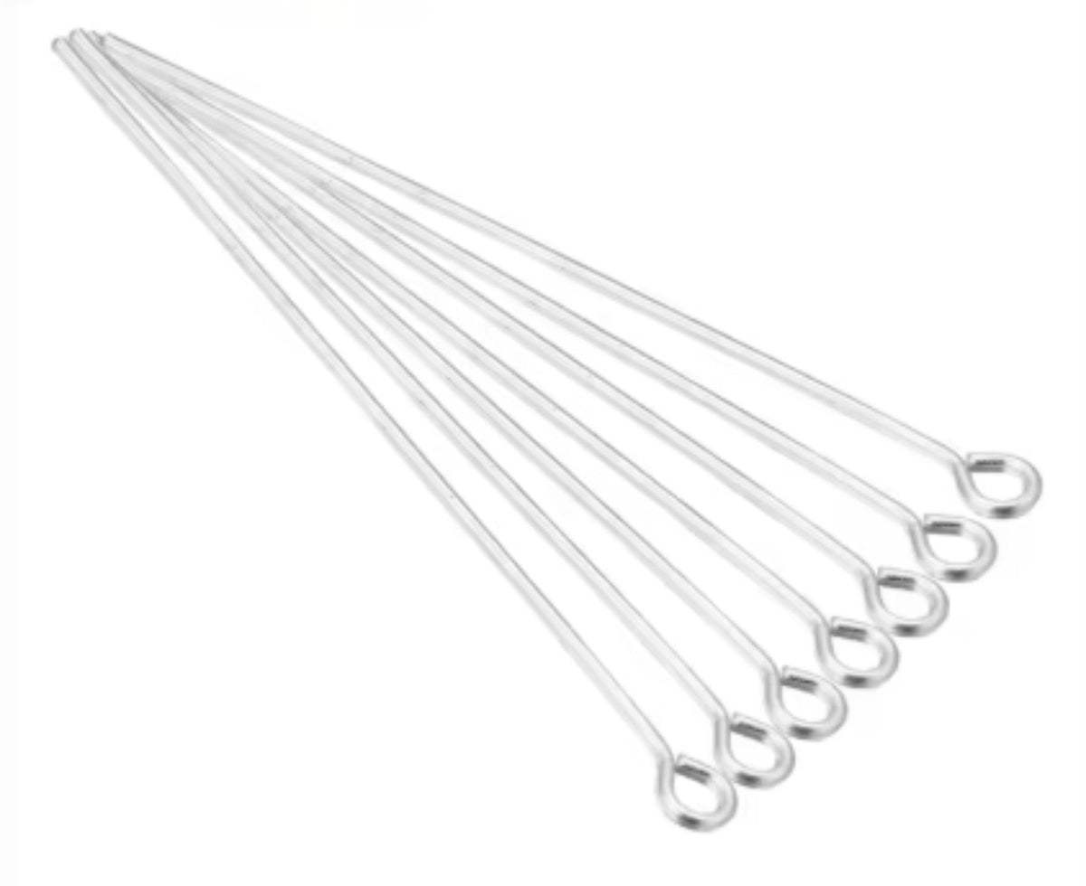 Fan of 70mm silver 20 gauge eye pins, each with a small round loop at one end, on white