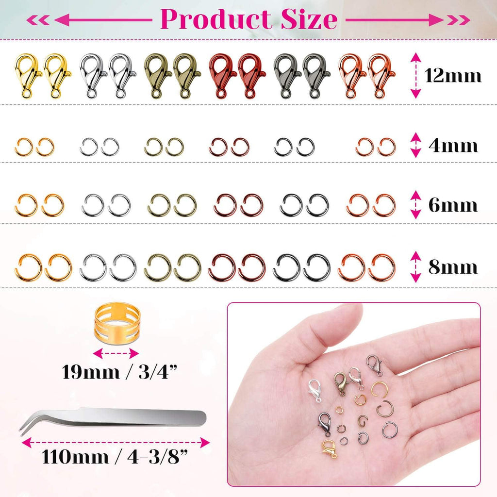 Size chart of the lobster clasps and 4mm, 6mm, 8mm and 10mm jump rings in the kit