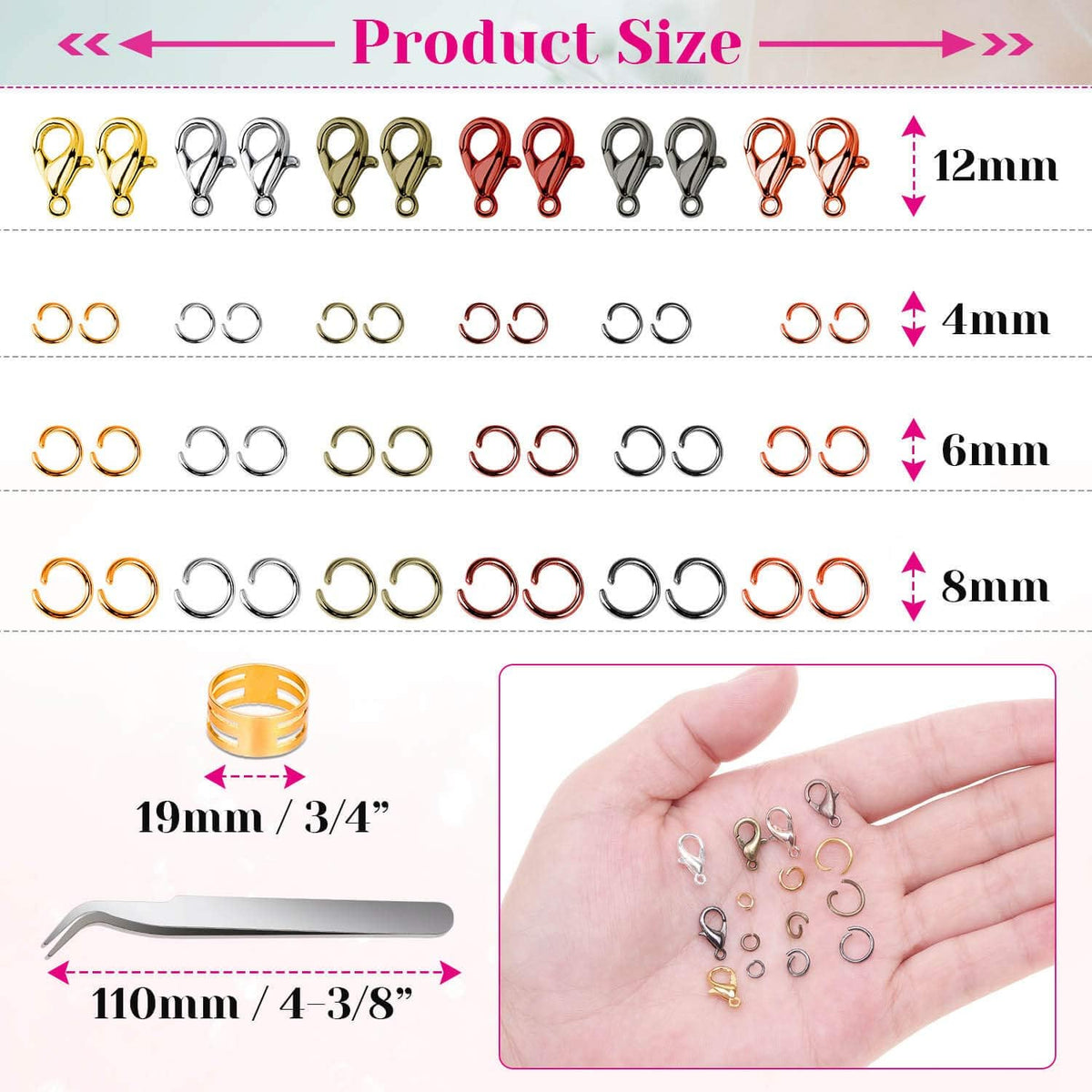 Size chart of the lobster clasps and 4mm, 6mm, 8mm and 10mm jump rings in the kit
