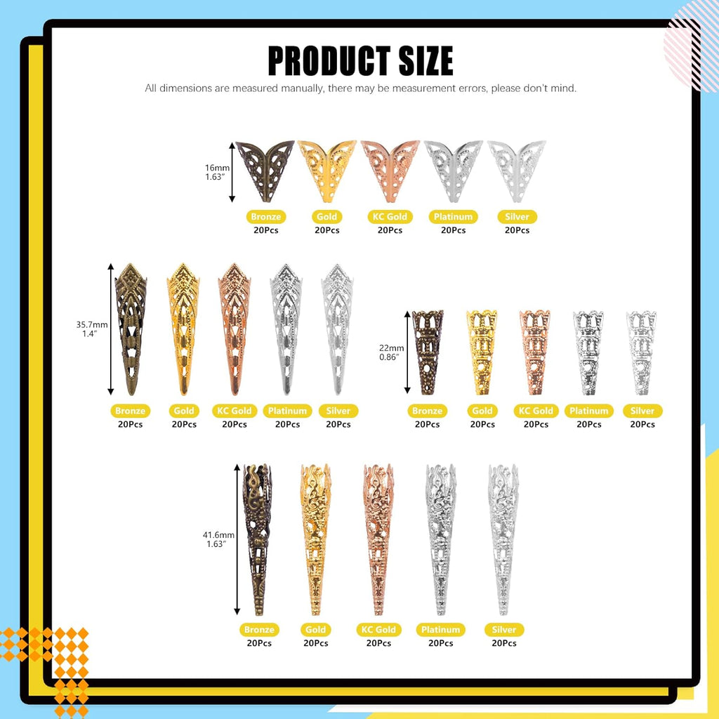 Size chart of the bead cone and cap styles included in the 400-piece case