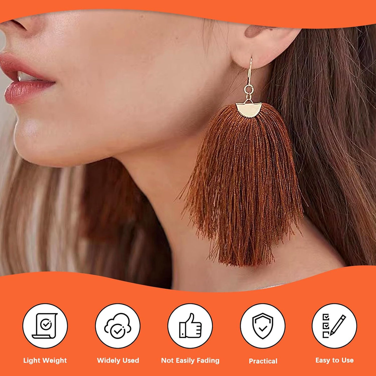 Model wearing brown tassel earrings finished with a pinch crimp end