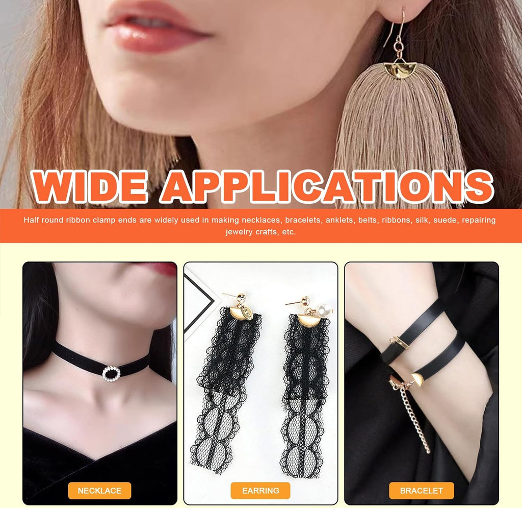 Graphic of pinch crimp ends used on tassel earrings, a choker and a bracelet