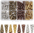 Divided case of 80 patterned bead cones in four metal tones, with samples below