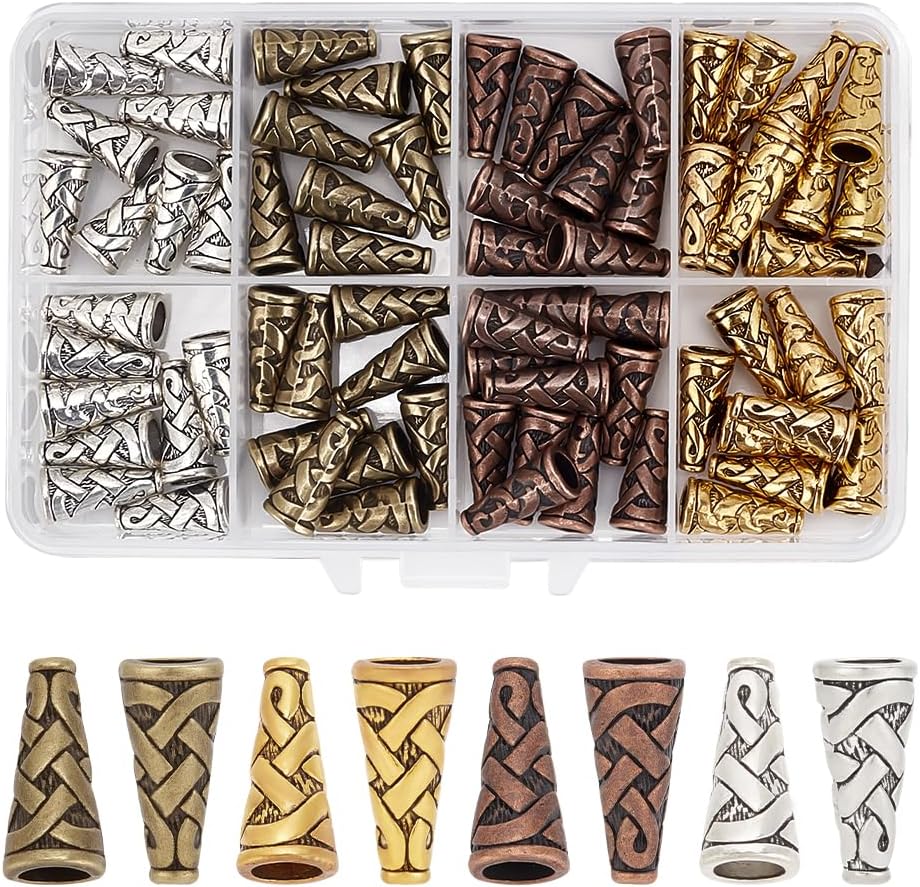 Divided case of 80 patterned bead cones in four metal tones, with samples below