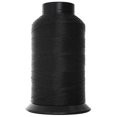 Large cone of black Nymo thread standing upright on a white background