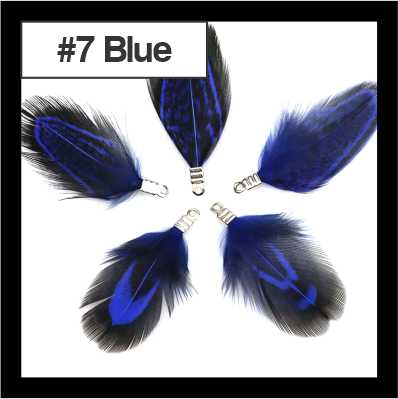 Five 4.5cm feather tassels in a ring, brown speckled feathers with blue edging, labelled #7