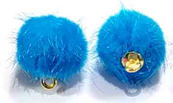 Pair of 15mm blue faux mink pom pom tassels with gold-tone caps and loops