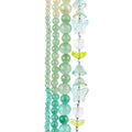 Four strands of Crystal Lane glass beads with flower, leaf and faceted round beads in a green to teal mix