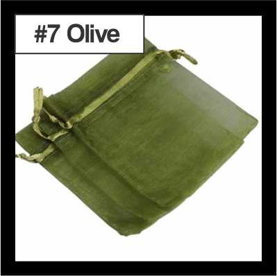 Sheer olive organza drawstring bags with satin ties, with a numbered colour label