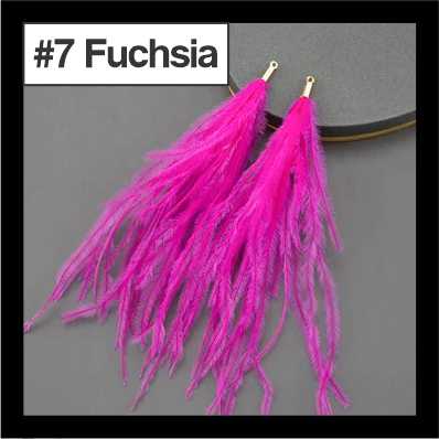 Pair of 14cm fuchsia feather tassels with gold connectors, labelled #7 Fuchsia