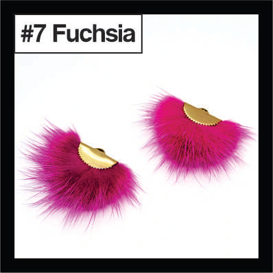Pair of fan-shaped fuchsia faux mink tassels with gold-tone caps, labelled #7