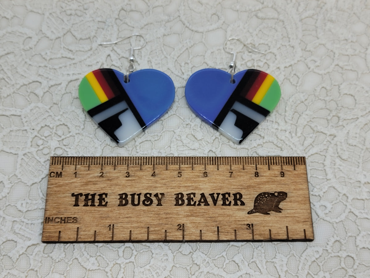 Pair of heart resin slab inlay earrings, combo #7: blue with rainbow, black and white inlay