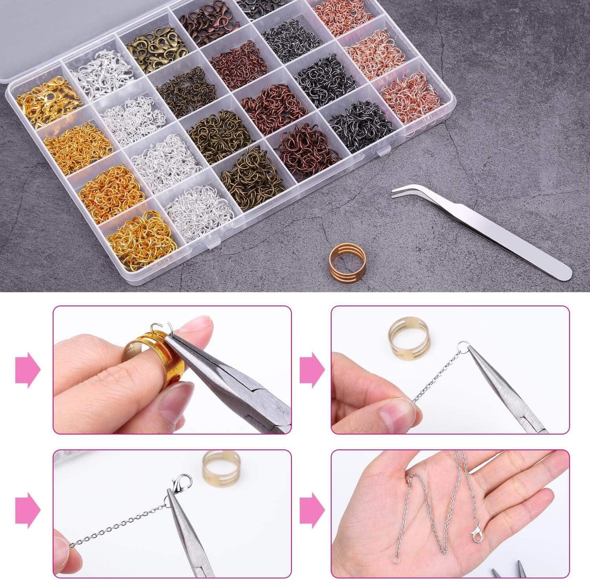 Open jump ring case with photos of tweezers and a ring opener in use