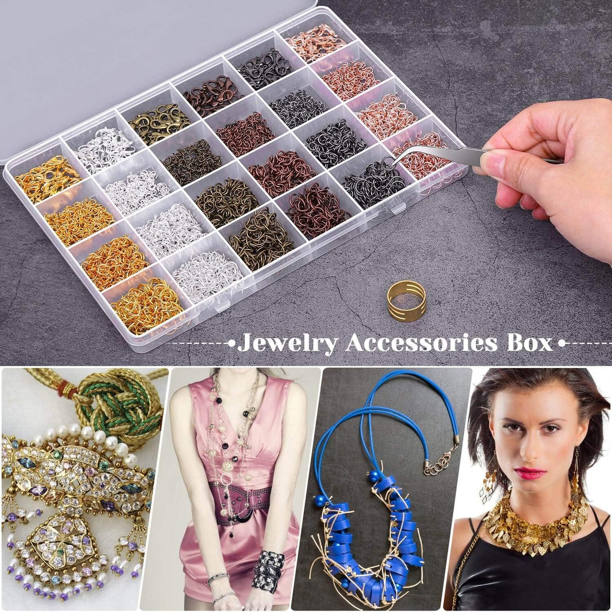 Jump ring case shown with finished necklaces, bracelets and earrings