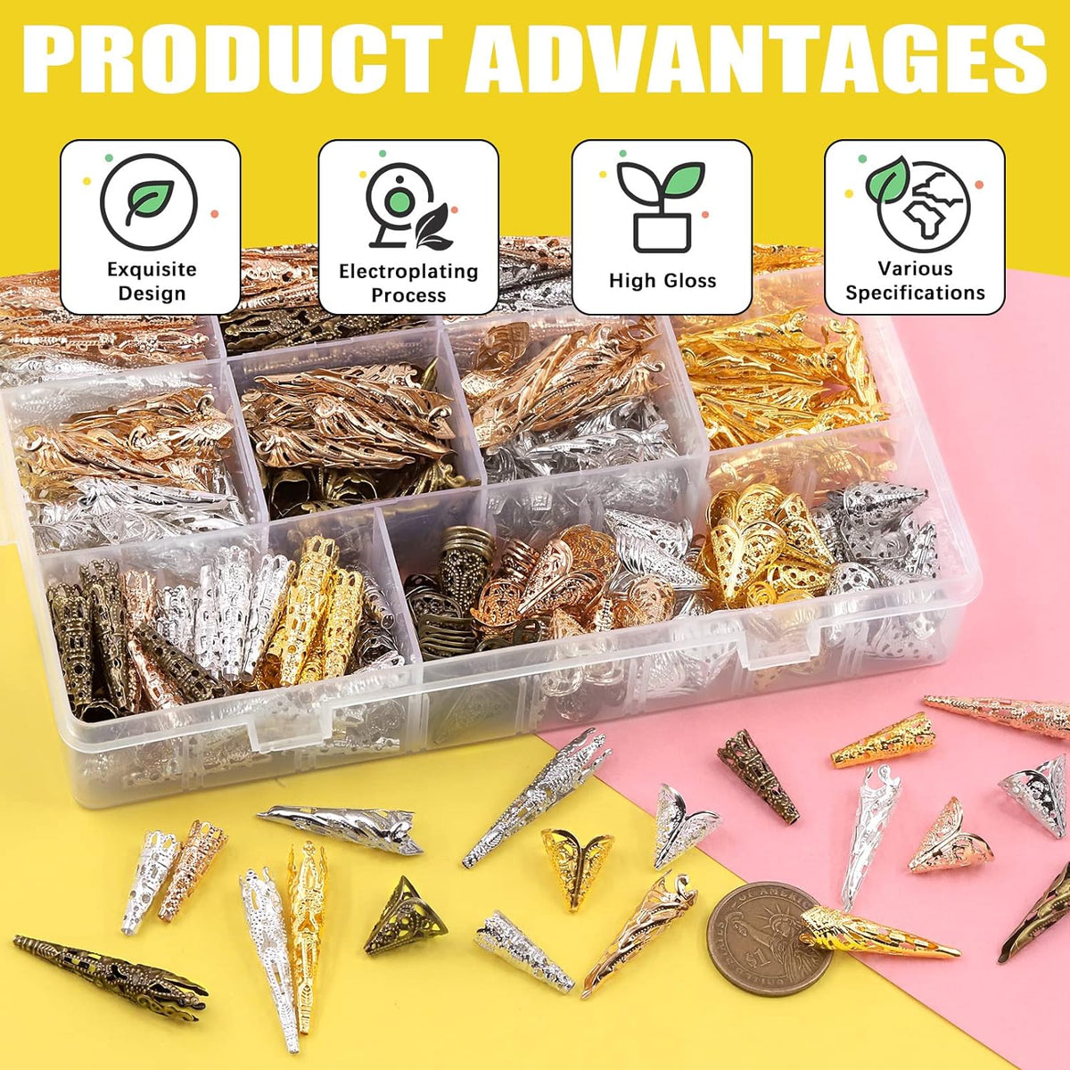 Product advantages graphic for the bead cone case, showing the open case and finished earrings