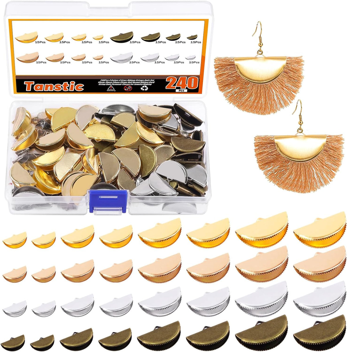 Divided case of 240 pinch crimp ends in four sizes and four colours, with a tassel sample