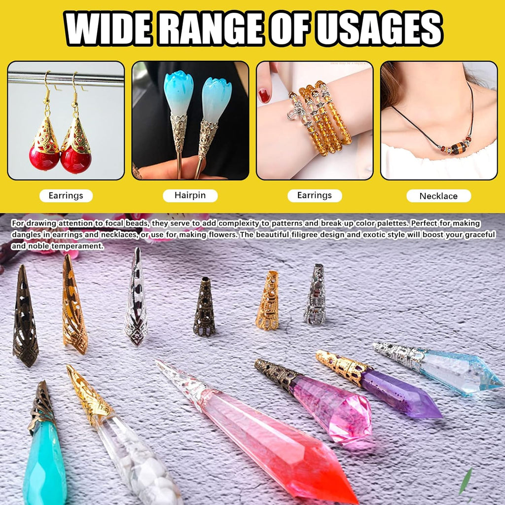 Usage graphic showing bead cones on earrings, tassels and necklaces