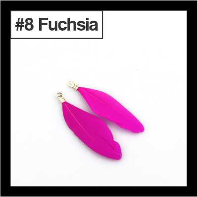 Pair of 4.5cm fuchsia feather tassels with gold-tone caps, labelled #8