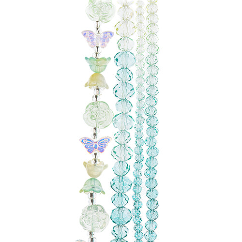Four strands of Crystal Lane glass beads with flower, leaf and faceted round beads in an ombre teal mix