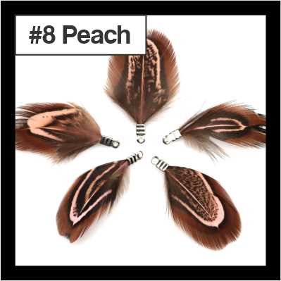 Five 4.5cm feather tassels in a ring, brown speckled feathers with peach edging, labelled #8