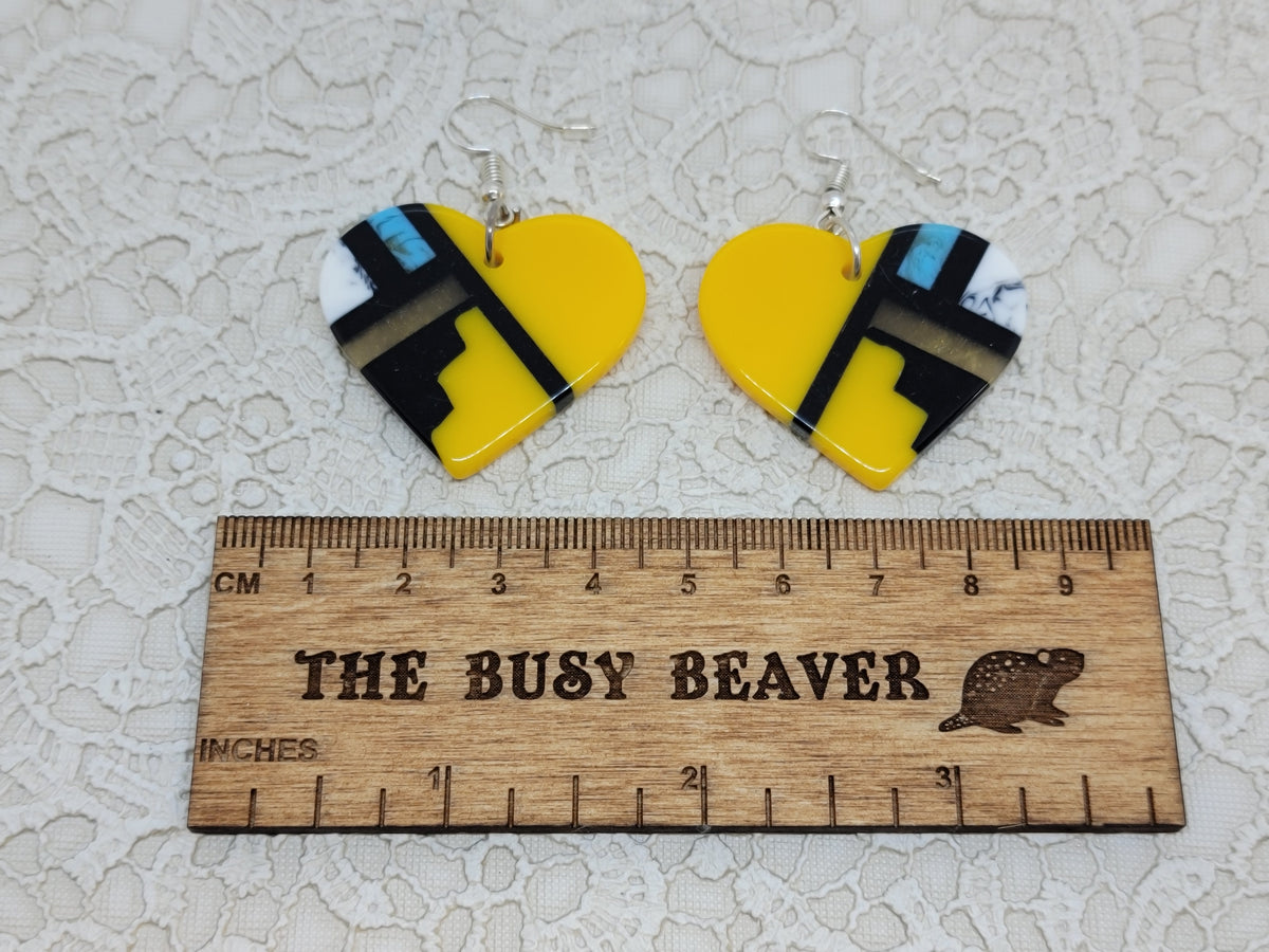 Pair of heart resin slab inlay earrings, combo #8: yellow with black, blue, gold and white inlay