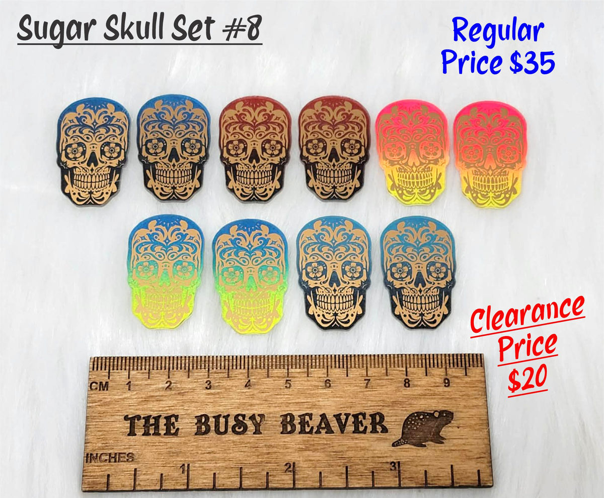Sugar skull set #8: five pairs of ombre acrylic sugar skull cabochons (cabs) in tan, orange, blue and yellow