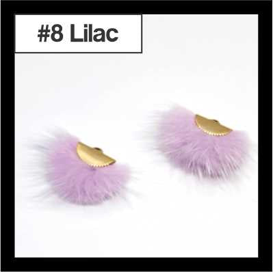 Pair of fan-shaped lilac faux mink tassels with gold-tone caps, labelled #8