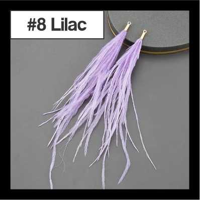 Pair of 14cm lilac feather tassels with gold connectors, labelled #8 Lilac