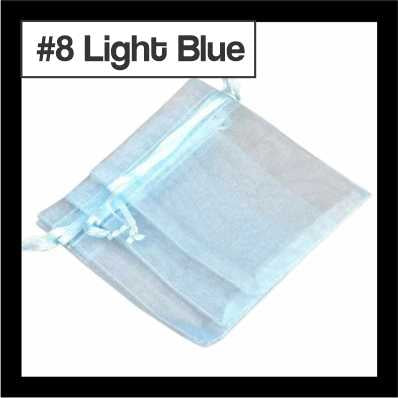 Sheer light blue organza drawstring bags with satin ties, with a numbered colour label