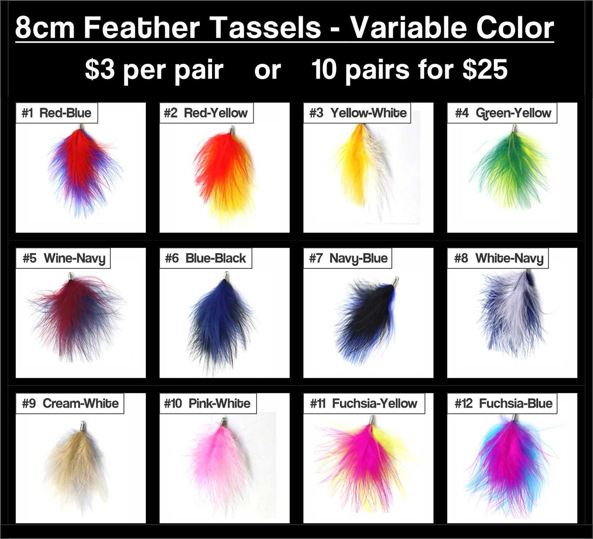Chart of 12 two-tone 8cm fluffy feather tassels in colour combinations from red-blue to fuchsia-blue