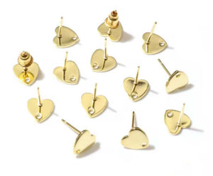 8mm Posts with hole connector, 2 pair gold hearts