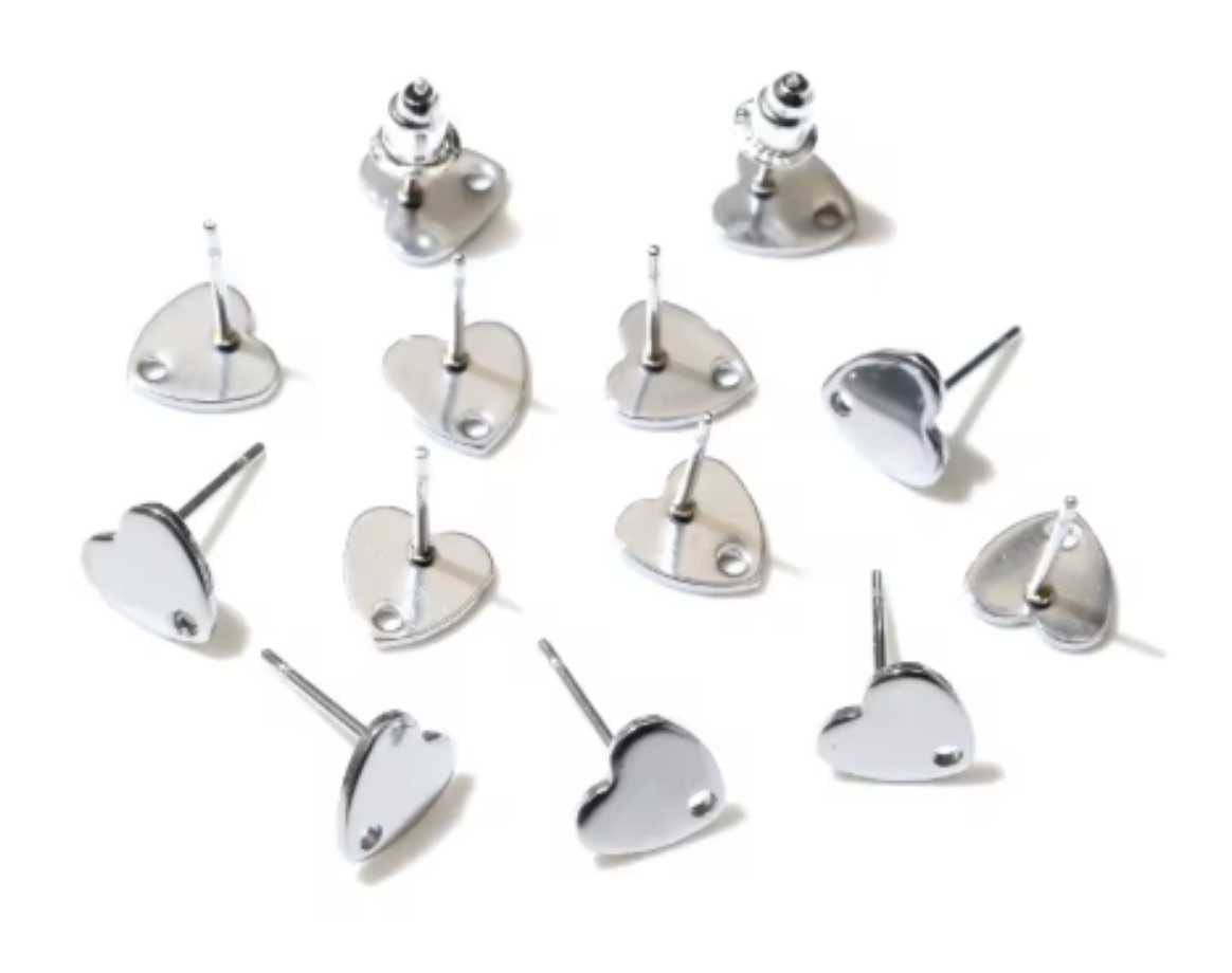 Silver-tone heart-shaped 8mm earring posts with a connector hole, shown with their backs