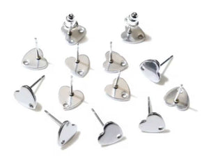 8mm Posts with hole connector, 2 pair silver hearts