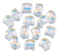 Clear 8 x 10mm glass cat head beads with an AB shimmer on a white background