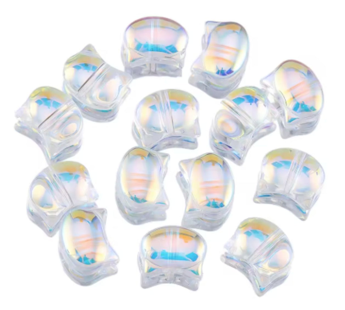 Clear 8 x 10mm glass cat head beads with an AB shimmer on a white background