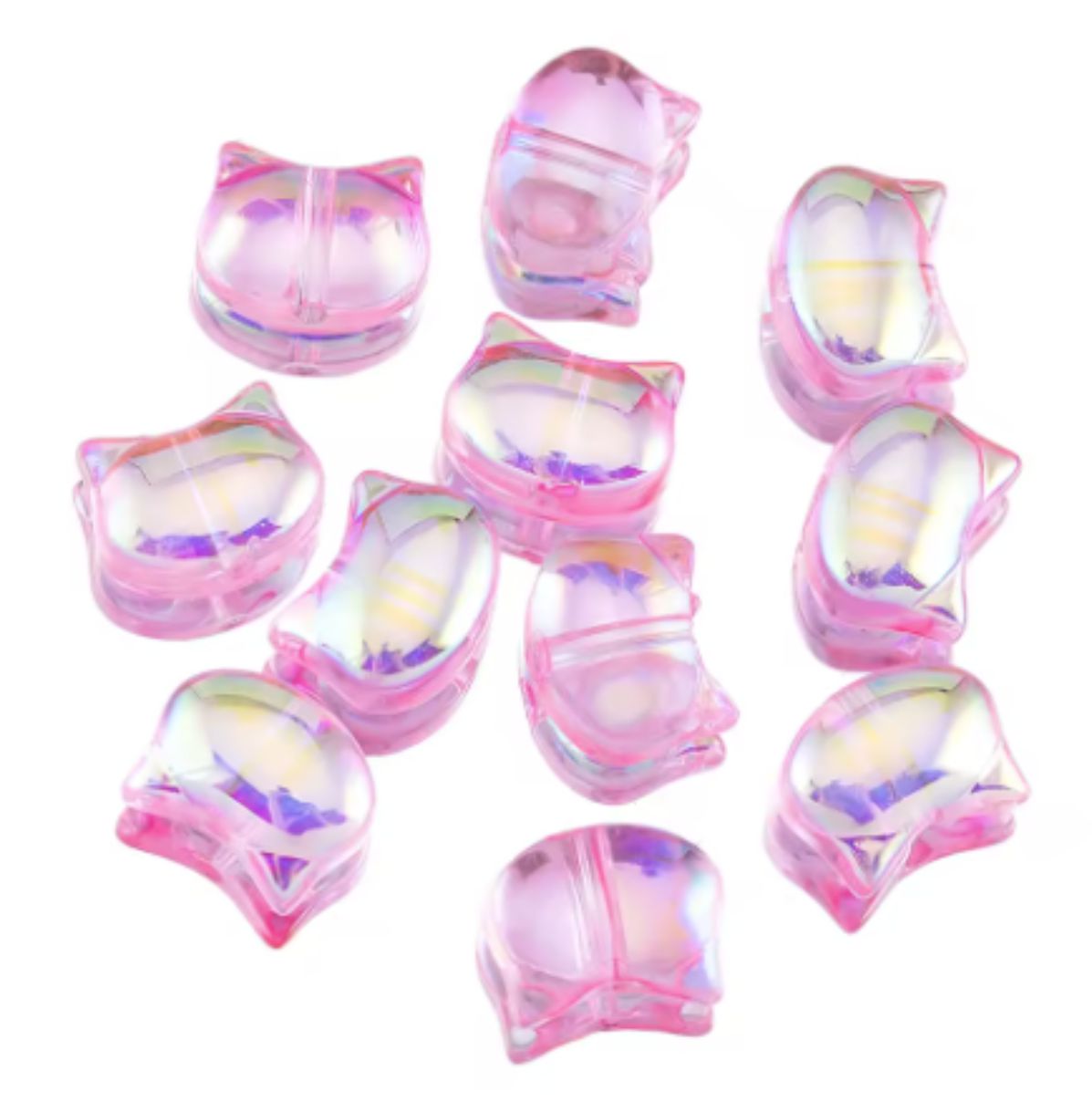 Pink 8 x 10mm glass cat head beads with an AB shimmer on a white background