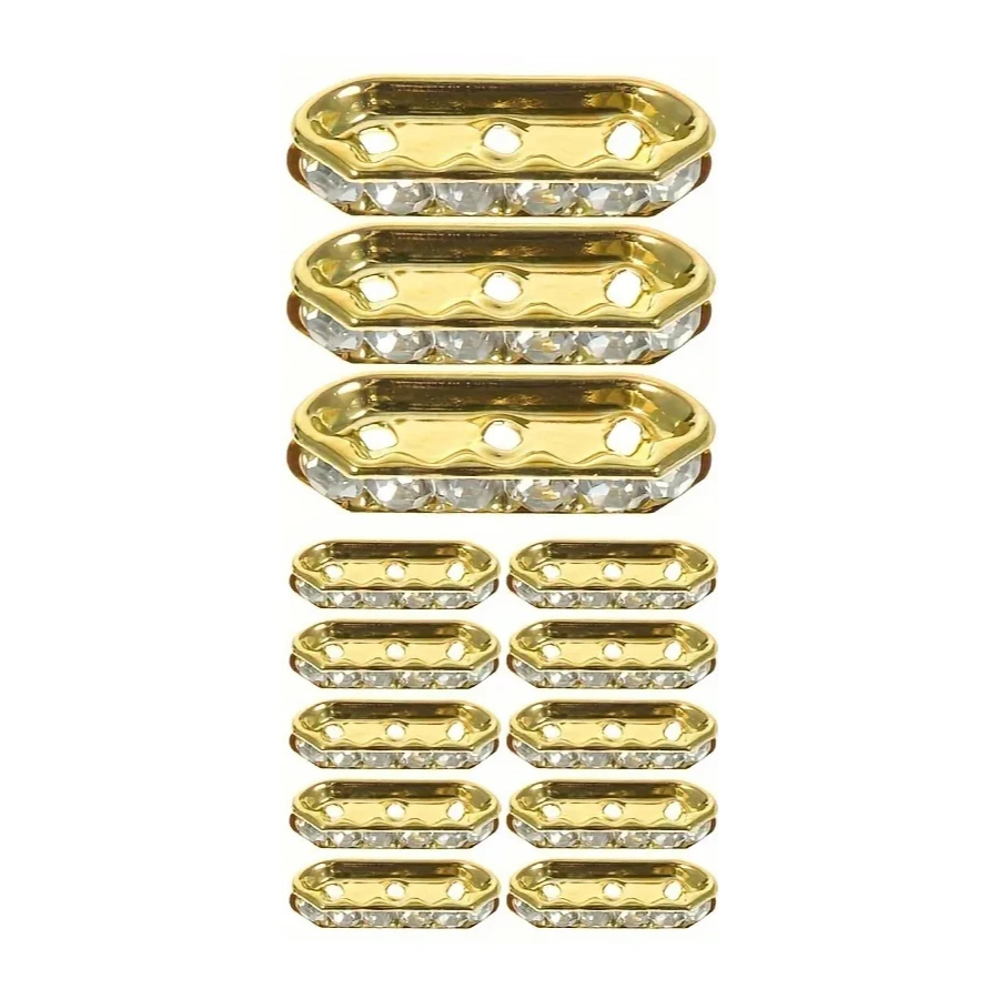 Rows of gold-tone 8 x 20mm 3-hole spacer bars set with clear rhinestones