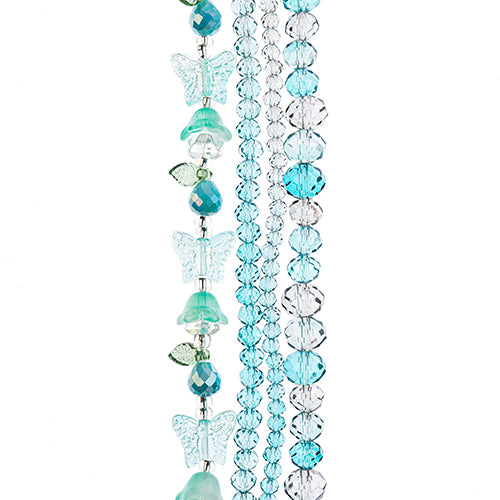 Four strands of Crystal Lane glass beads with flower, leaf and faceted round beads in an aqua mix